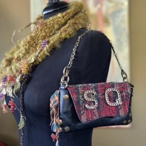 Save The Queen Shoulder Bag. Italian-Made Black Leather and Red Plaid Design